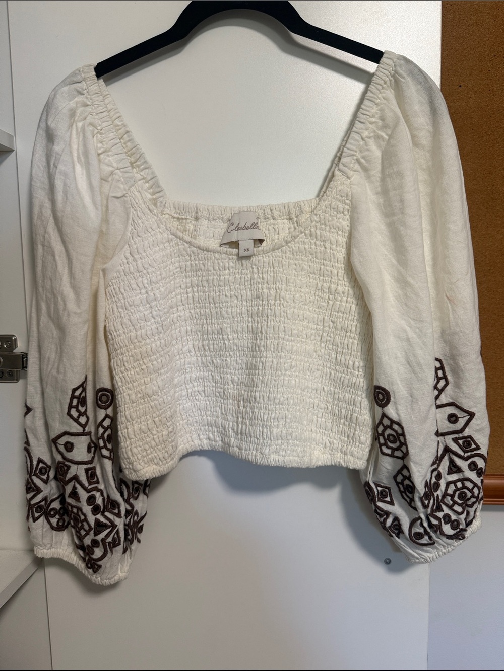 Cleobella Ivory Smocked Peasant Top with Brown Embroidered Sleeves